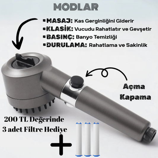 AquaRelax™ Masajlı & Filtreli Duş Başlığı + 3 Adet Filtre Hediye